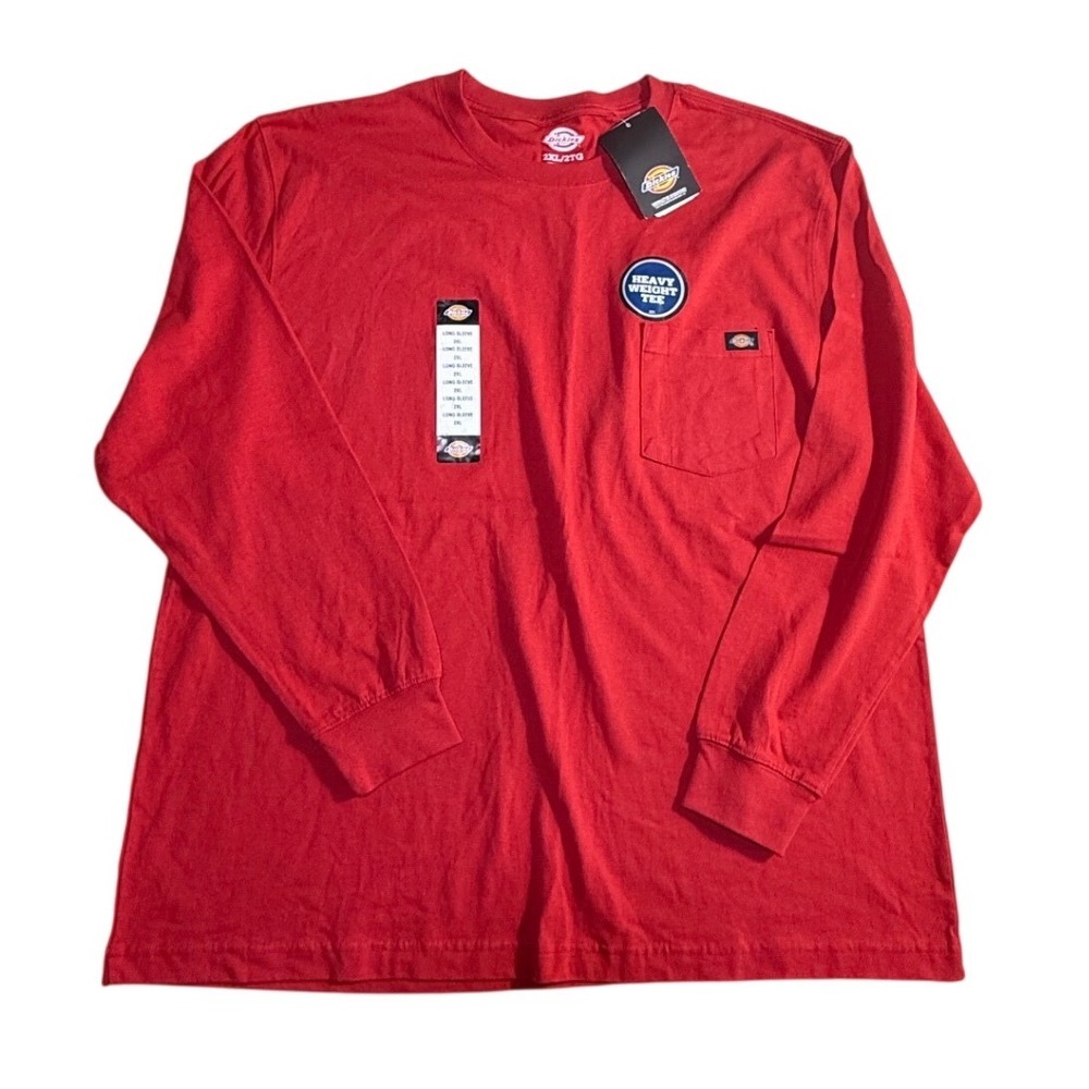 Dickies Mens Heavyweight Long Sleeve Pocket‎ T-Shirt Red 2XL Crew Neck NWT-2044